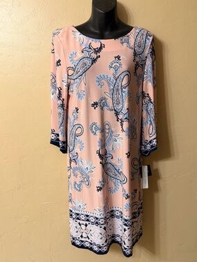Sandra Darren Pink Paisley Midi Dress with Navy Trim